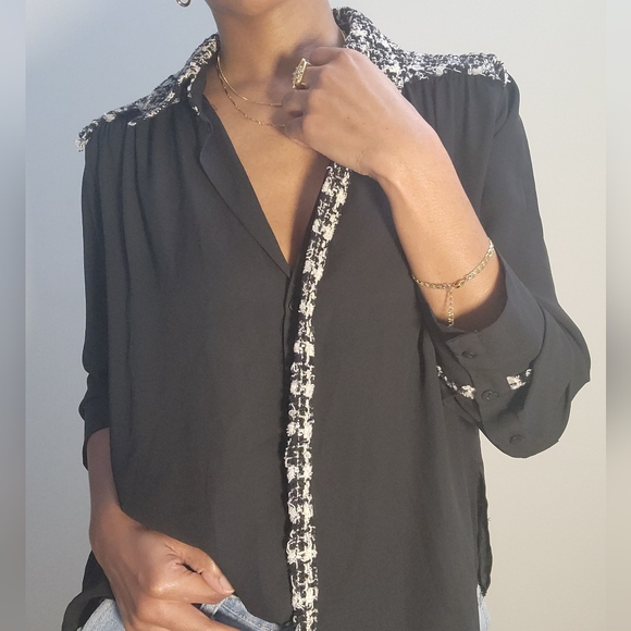 Zara Tops - Zara Black Button Up Shirt XS Tweed Trim Sheer Blouse